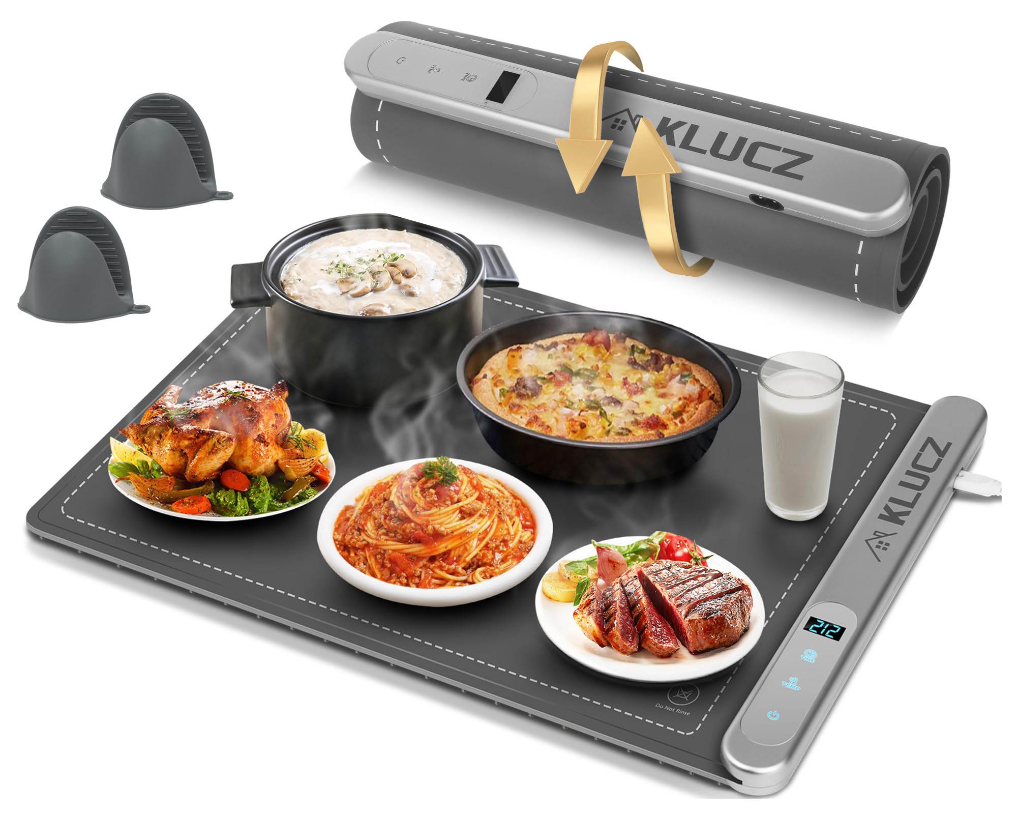 KLUCZ Electric Food Warming Mat Graphene Quickly Heating, 6 Adjustable Temperature and 6H Timer Function Warming Trays for Buffets Parties, Foldable Silicone Food Warmer Mat, Great Gift Choice