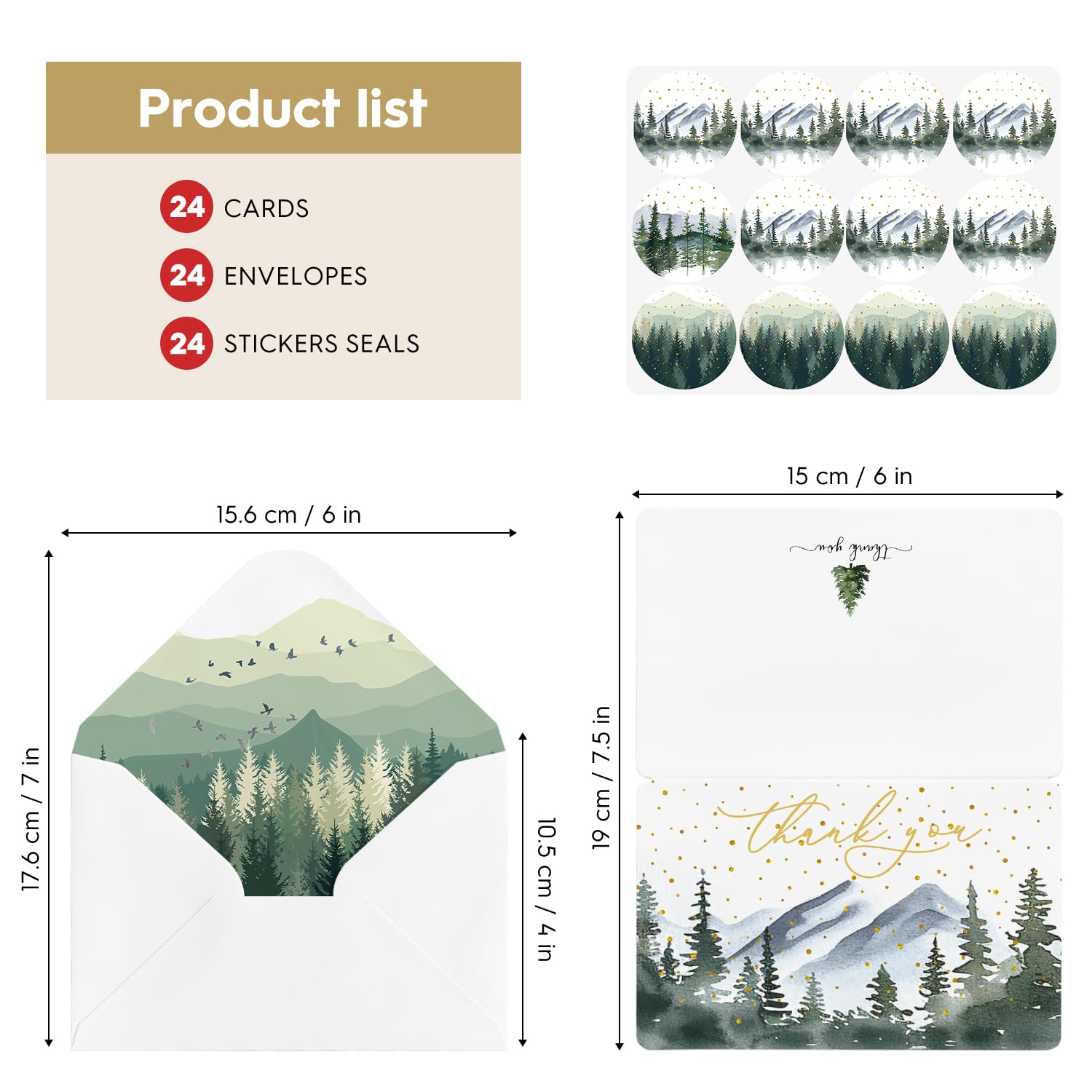 Artoid Mode 24 Pack Mountain Tree Forest Thank You Cards Golden Polka Dot Greeting Cards Gift With Envelope Sticker Blank Note Cards for Birthday Wedding Baby Shower Bridal Shower, 4 x 6 Inch