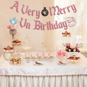 A Very Merry UnBirthday Banner, Wonderland Birthday Party Decorations for Girl, Funny Birthday Party Decor Rose Gold Glitter