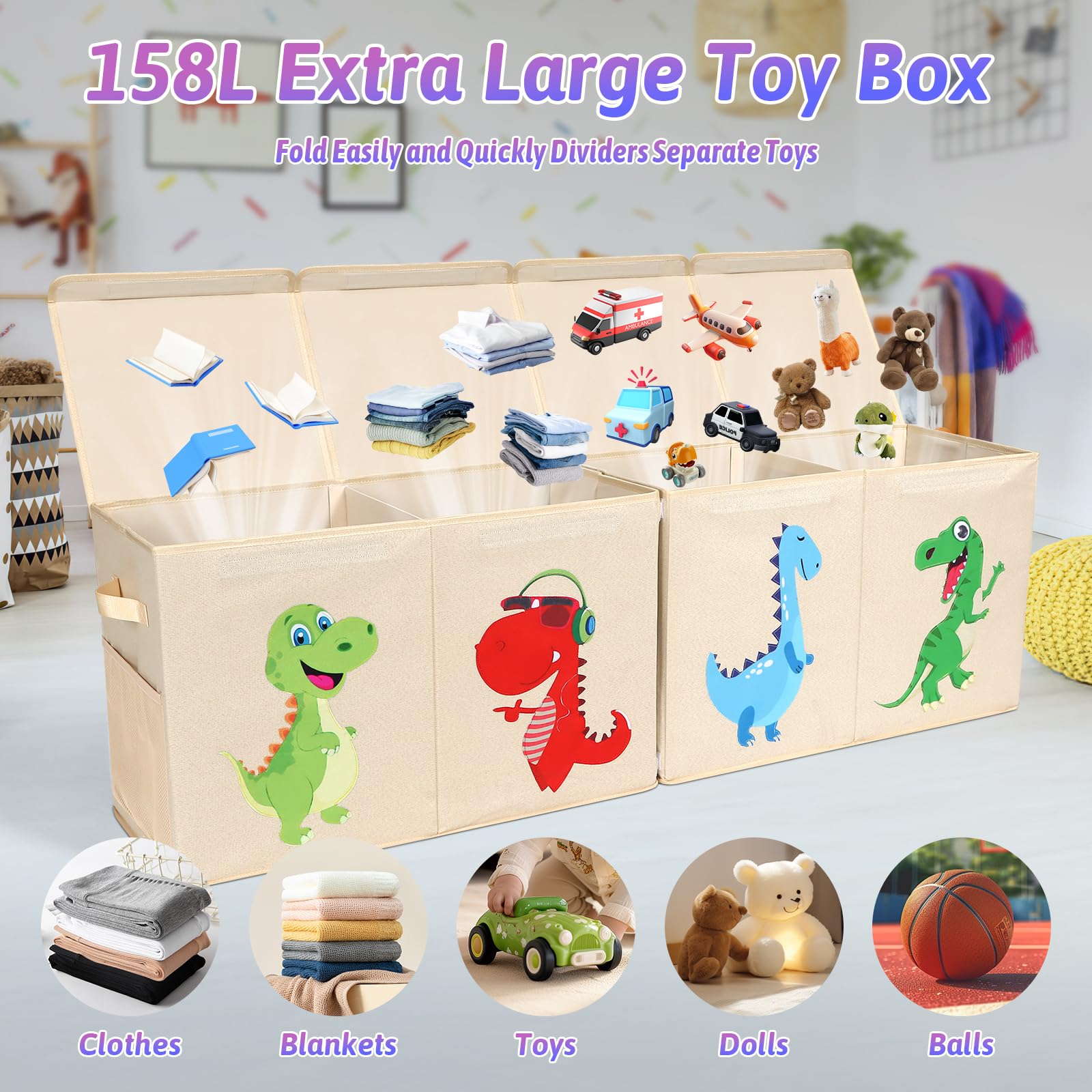 Extra Large Toy Chest for Boys, Collapsible Toy Storage Boxes with Magnetic Lid, Dinosaur Toy Box for Toys, Clothes, Blankets, Books, 51.96"x11.81"x15.75", Beige