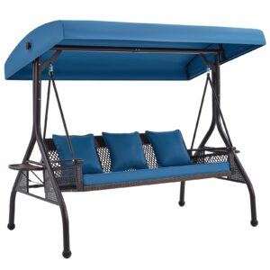 RYNSTO 3-Person Wicker Porch Swing with Adjustable Canopy, Outdoor Patio Swing with Stand, Cup Holder, Cushions, Pillow for Garden, Deck, Lawn, Back Yard (Blue)