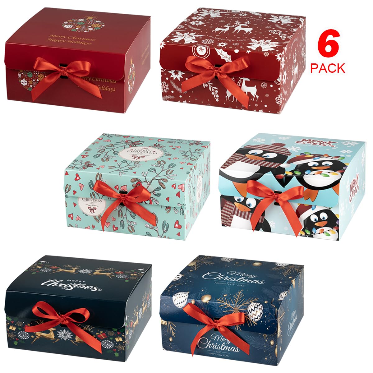 ARTLYMERS Christmas Gift Boxes with Lids, 6 Pack Gift Boxes and Red Ribbon Christmas Themed Pattern Small Gift Boxes for Christmas Presents Gifts Easy Assemble