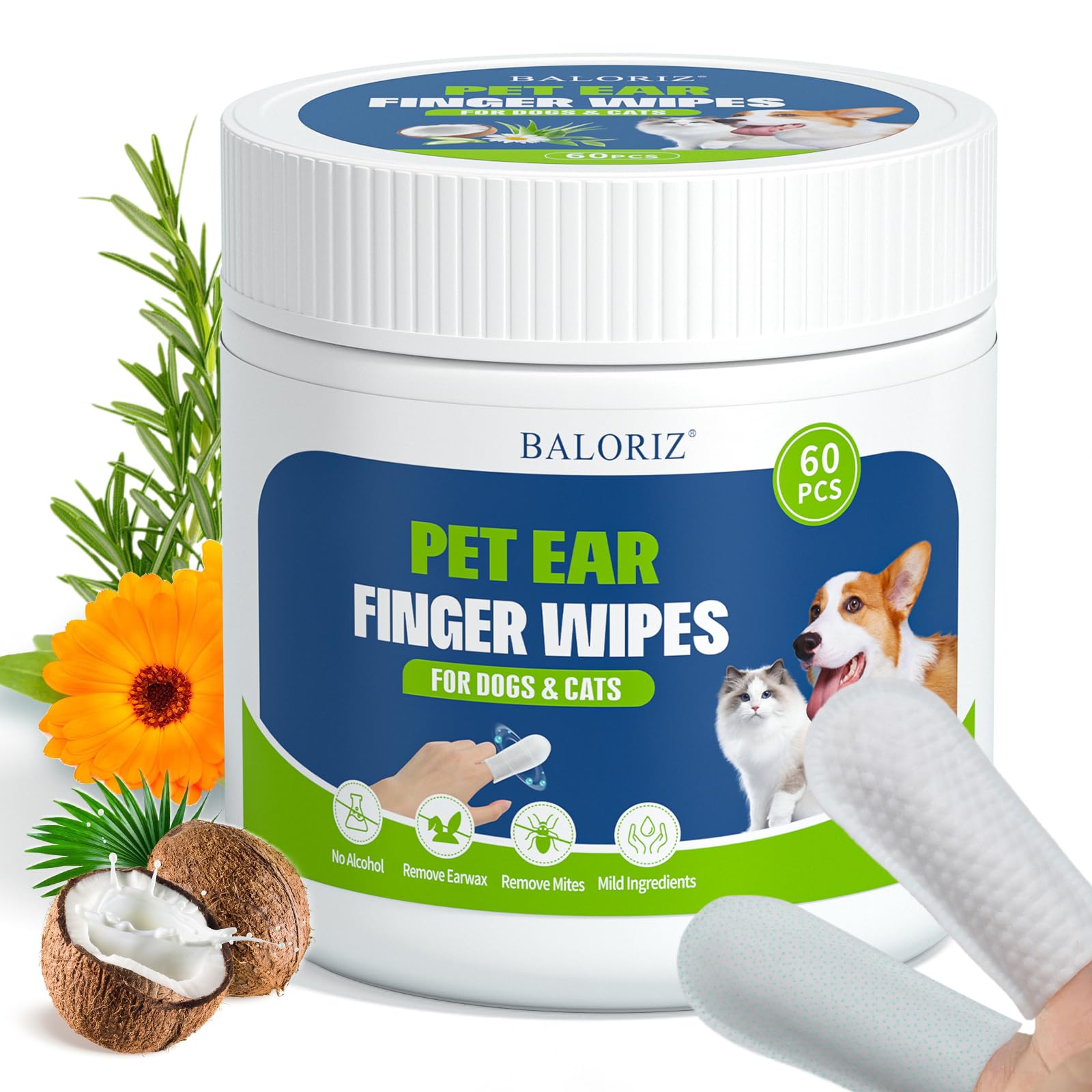 BALORIZ Dog Ear Cleaner Wipes, Dog Ear Wipes Finger for Dogs & Cats, Gently Remove Ear Wax, Sooths & Deodorize, Relieve Ear Itching, Pet Supplies Easy to Use Fresh Coconut Scent, 60 Count