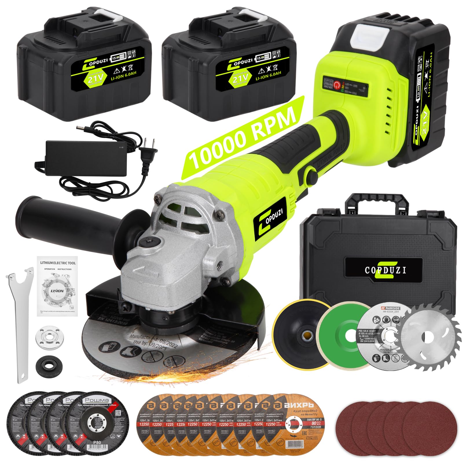 Cordless Angle Grinder Set, 2x 6.0 AH Batteries,21V Power Angle Grinder Tools,10000 RPM Brushless Electric Grinder with 10-5" Cutting Wheel, Flap Wheel, Wool Carving Wheel for Cutting & Grinding