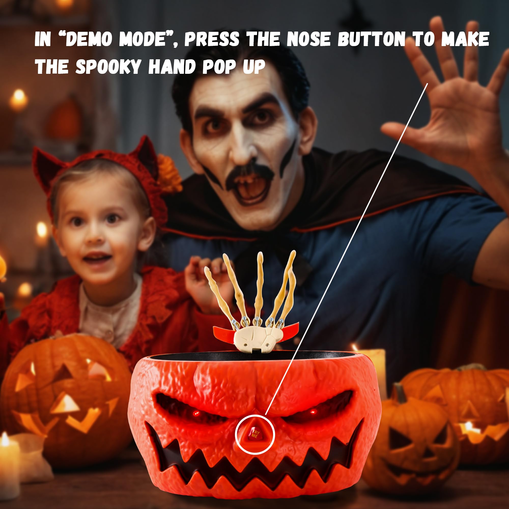 NEXIHOO Animatronic Halloween Candy Bowl - Pumpkin Bowl Halloween Decor Touch Activated with Creepy Sound,Moving Skeleton Hand, Light Up Animated Eyes, Scary Candy Dish for Halloween Party Decoration