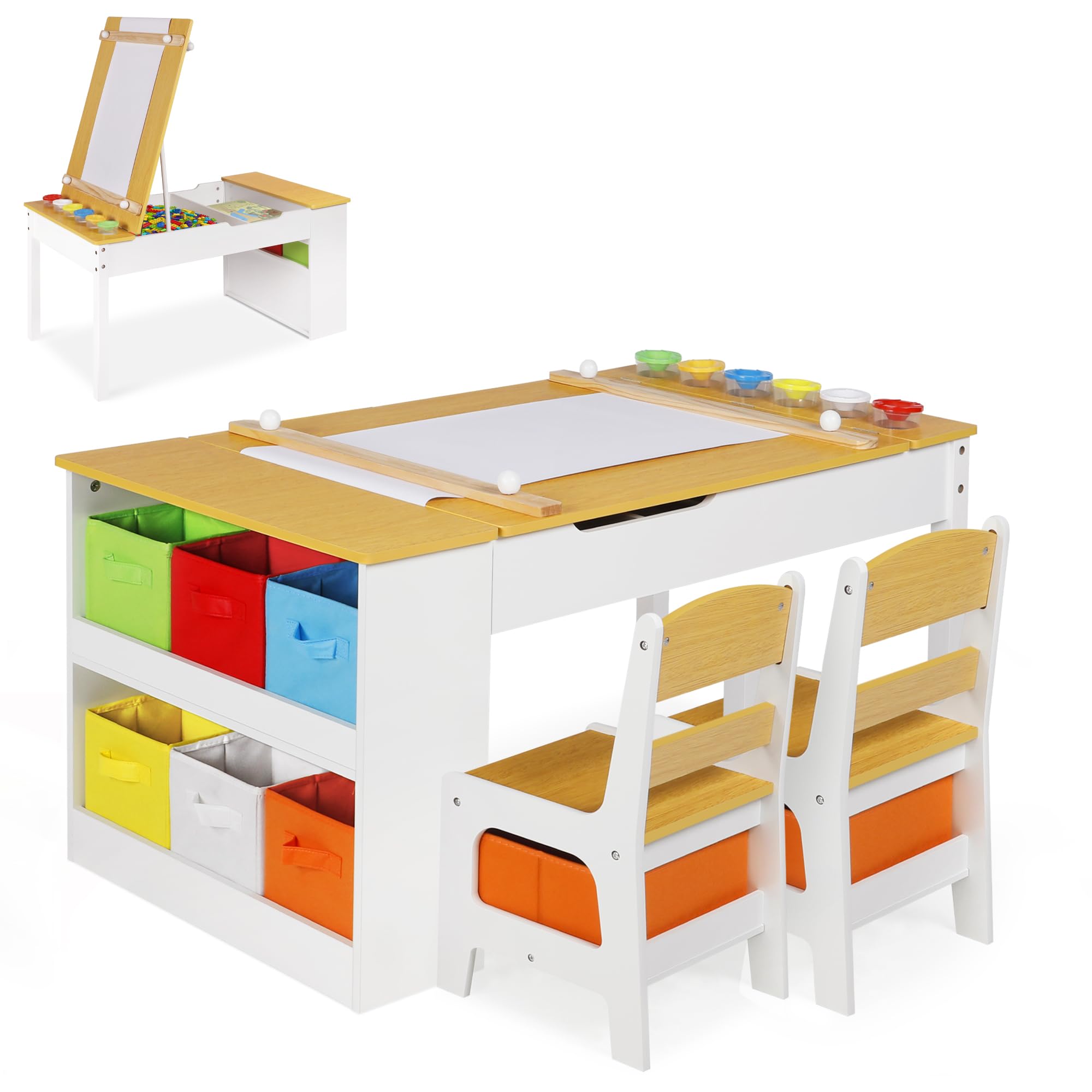 TODEFULL Kids Art Table and Chairs Set, 2 in 1 Kids Art Table, Wooden Activity Table with 2 Chairs, 8 Storage Canvas Bins, 6 Paint Cups and Paper Roll, Large Storage Desk for Writing Drawing, Natural