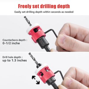 5 Pcs Countersink Drill Bit Set with Low Friction Depth Stop, HSS M2 Bits Tapered Head1/8 9/64" 5/32" Drill+3/8” 82° Counter-Bore,11/64" 3/16" Drill+ 1/2" 82° Counter Bore,1/4” Hex Shank(Red)