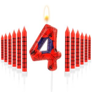 12pcs spider web printed candles & 1pc number candle, red blue spider themed birthday candle spider candles spider birthday decorations for boys girls cake decor (number 4)