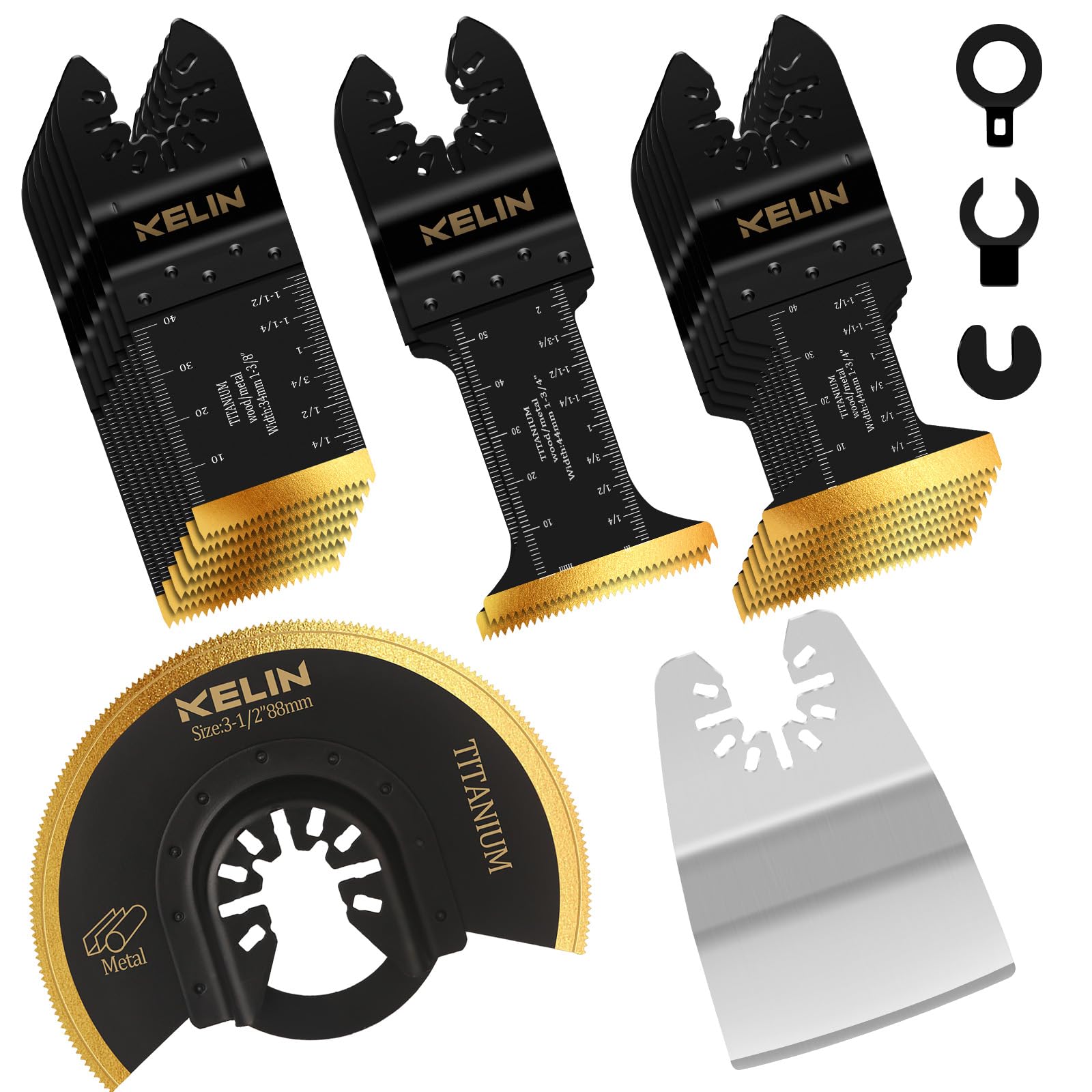 18 PCS Titanium Oscillating Tool Saw Blades with Stainless Steel Scraper and Semicircle Blades Kit, Universal Multi Tool Blades for Light Metal Sheet Pipe and Wood (NOT for Star Lock Interface)