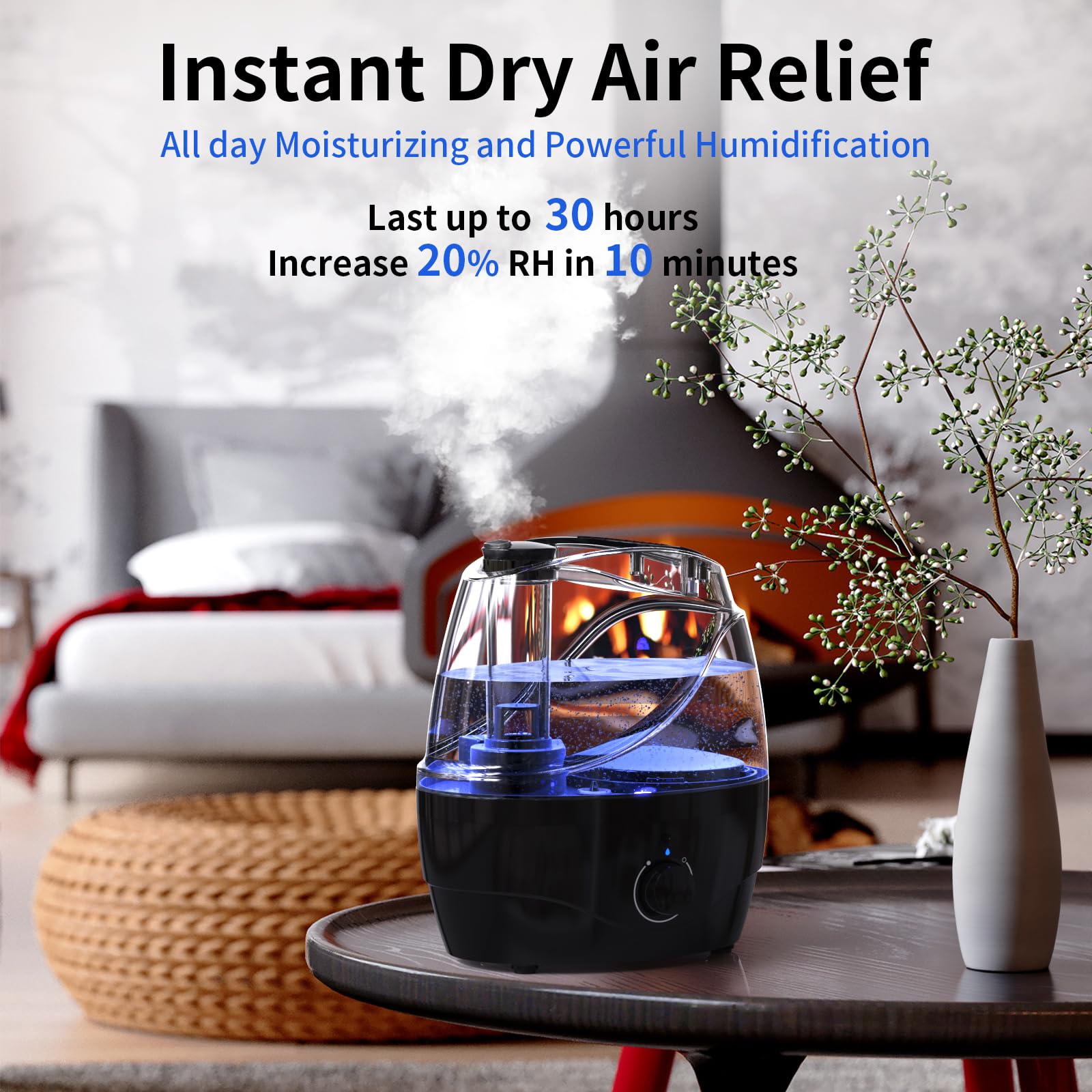 Admettre Cool Mist Humidifiers for bedroom with 2.2L Water Tank, 24 Hours with Whisper-Quiet Operation, Adjustable 360° Rotation Nozzle, Night Light Function, BPA Free(Black)