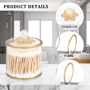 Hipiwe Glass Qtip Holder with Lid Gold Bathroom Canister Clear Qtip Holder Dispenser Jar for Cotton Swabs Jewelry Hair Band Cotton Ball Organizer Box for Vanity Countertop