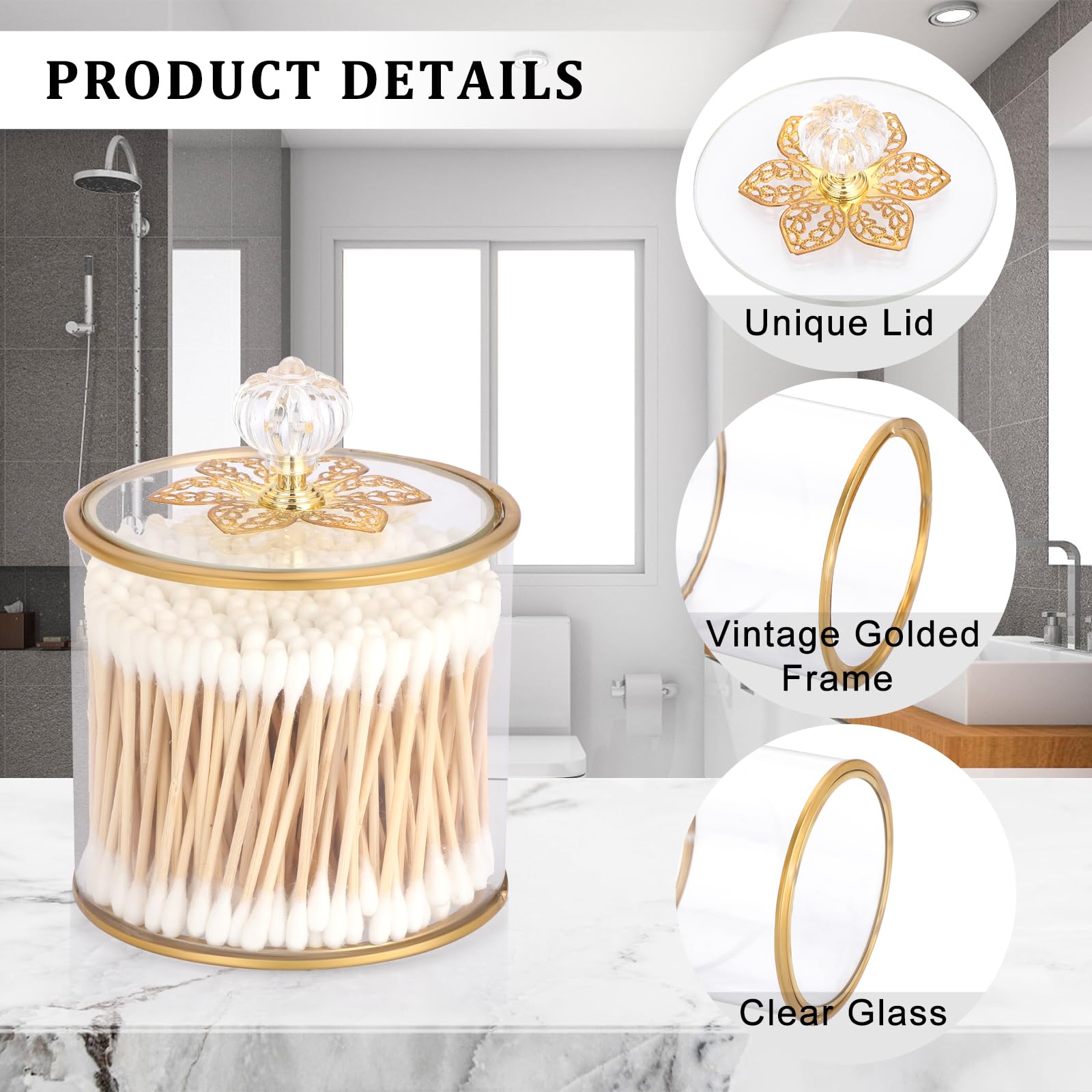 Hipiwe Glass Qtip Holder with Lid Gold Bathroom Canister Clear Qtip Holder Dispenser Jar for Cotton Swabs Jewelry Hair Band Cotton Ball Organizer Box for Vanity Countertop