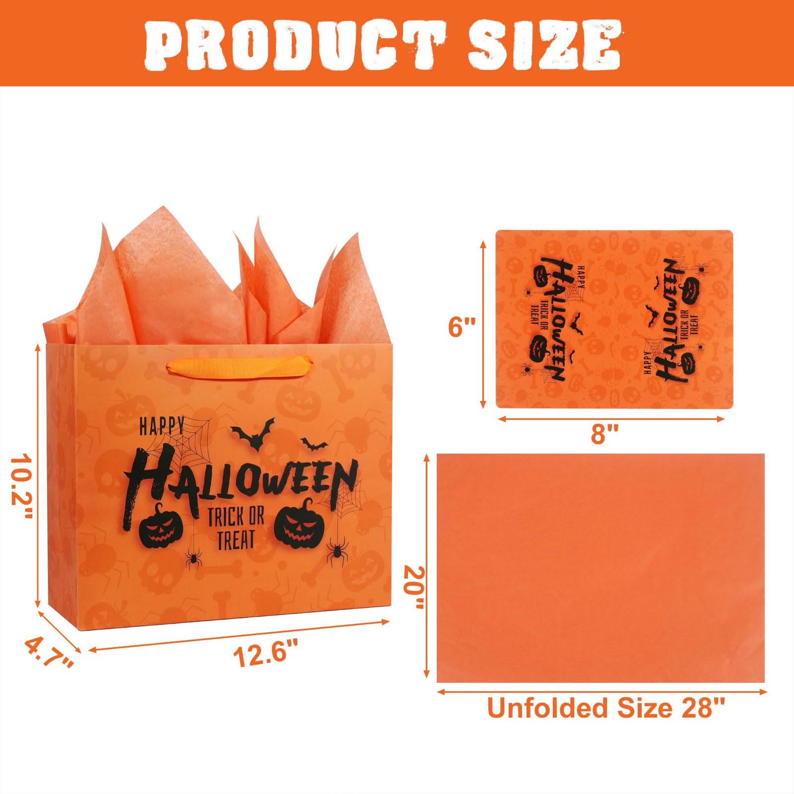 Halloween Trick or Treat Gift Bag with Greeting Card and Tissue Papers, 12.6" Reusable Halloween Paper Bag with Handles for Halloween Party Supplies