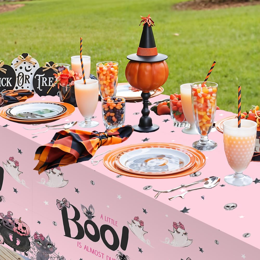 MEHOFOND 3 PCS Pink Halloween Baby Shower Plastic Tablecloths, Little Boo Baby Shower Disposable Table Cover Decorations, a Little Boo is Almost Due Disposable Tablecloth, Halloween Desk Party Decor