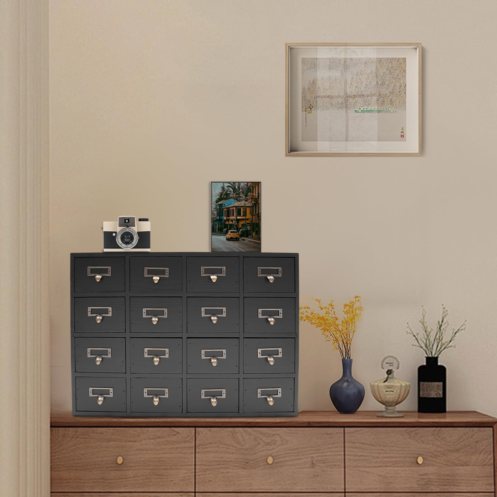 NDKASHF 16 Drawers Cabinet with Drawers Tabletop Apothecary Chests and Cabinets Library Card Catalog Cabinet Herb Storage Box Wooden Desk Drawer Organizer Medicine Rustic Furniture (Black)