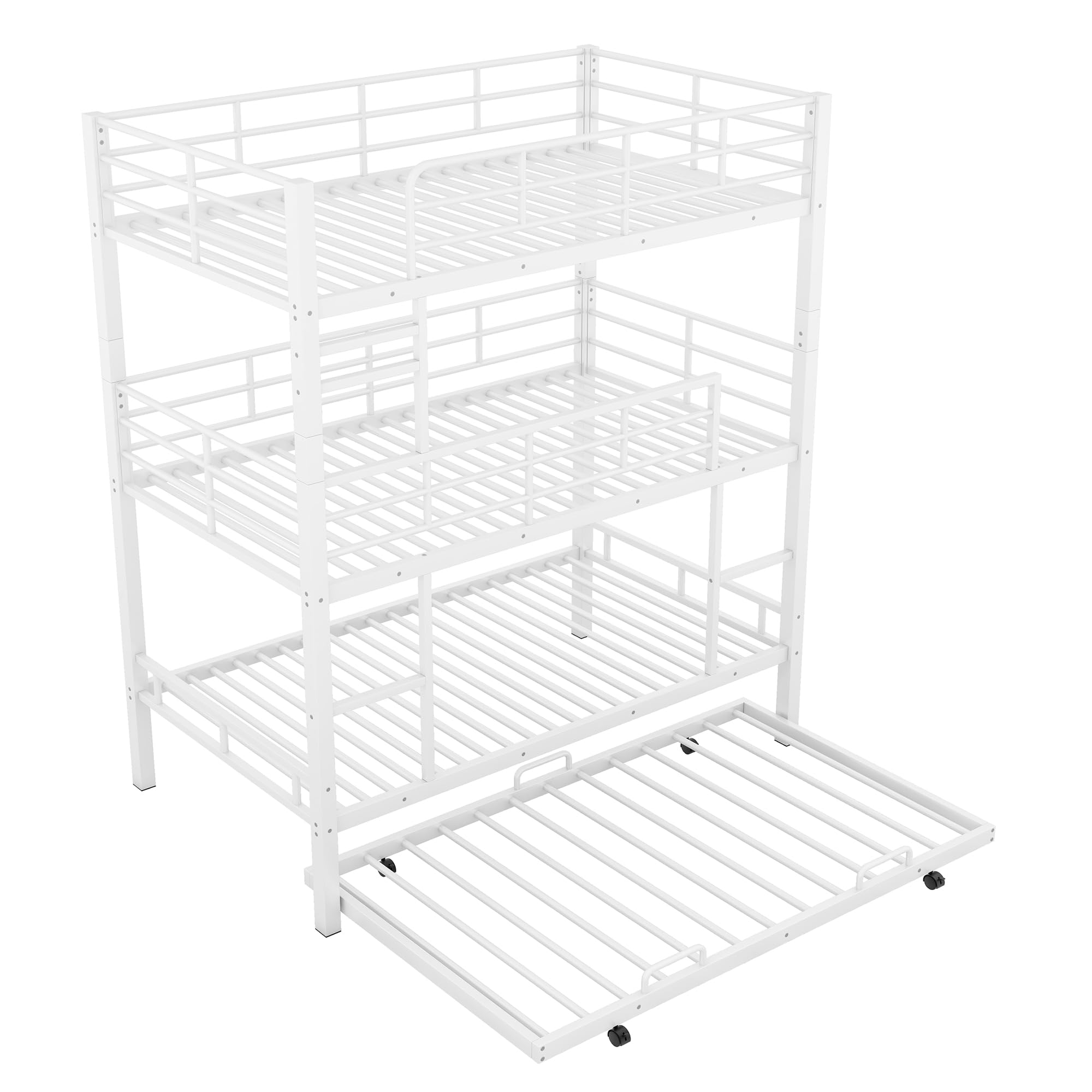 Harper & Bright Designs White Triple Bunk Bed with Trundle, Twin Over Twin Bunk Beds, Metal Quad Bunk Beds, 3 Bunk Beds with 2 Ladders & Guardrails, Convertible Heavy Duty Steel Frame