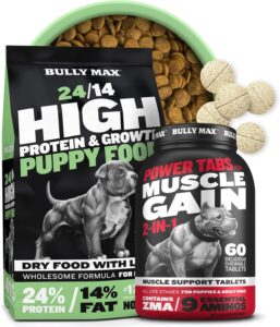 bully max 24/14 high protein puppy food 5-pound bag & 2-in-1 muscle builder 60 chewable tabs bundle - fuels growth & supports peak performance for small dogs and large breed dogs