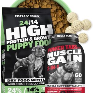 Bully Max 24/14 High Protein Puppy Food 5-Pound Bag & 2-in-1 Muscle Builder 60 Chewable Tabs Bundle - Fuels Growth & Supports Peak Performance for Small Dogs and Large Breed Dogs