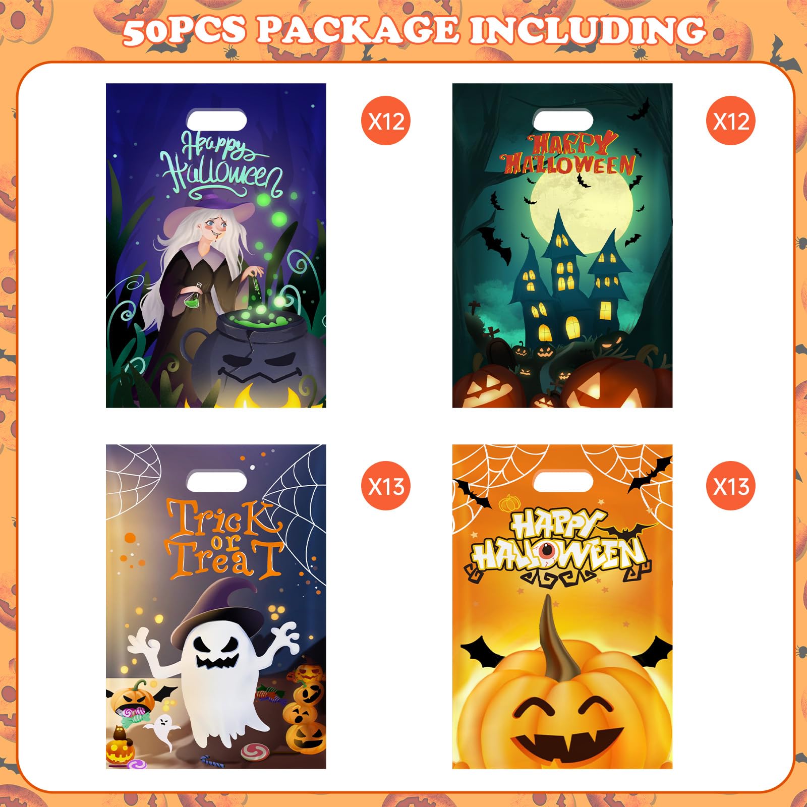 50 Pcs Halloween Goodie Bags with Handles - Happy Halloween Treat Bags, Trick or Treat Gift Bag Bulk, Plastic Halloween Tote Candy Goody Favor Bags for Kids Halloween Party Decorations Favors Supplies