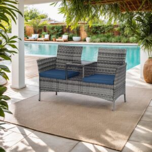 generic 2-seater outdoor patio lounger set with coffee table durable 2-person outdoor furniture - ideal for lawn gardens, patios, balconies - weather-resistant and low-maintenance, gray-blue