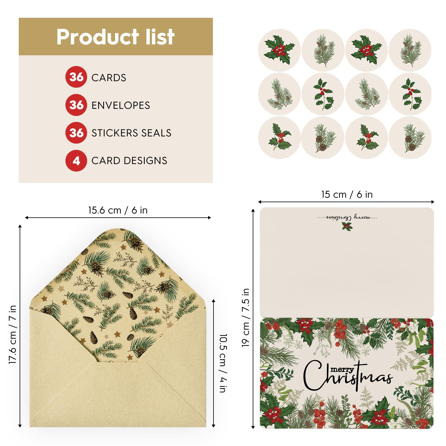 Artoid Mode 36 Pack Merry Christmas Thank You Cards Plant Holly Greeting Cards Gift With Envelope Sticker Blank Note Cards for Birthday Wedding Baby Shower Bridal Shower, 4 x 6 Inch