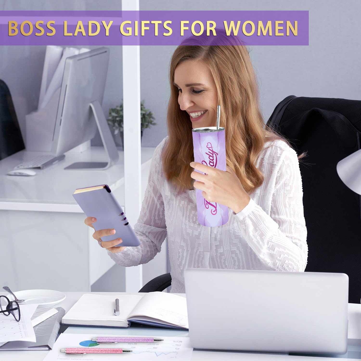 Boss Day Gifts for Women, Boss Lady Gifts for Women with 20 OZ Boss Lady Mug Canvas Tote Bag Makeup Bag Notebook and 2 Ballpoints Pen, Funny Boss Gifts for Female, Appreciation Gifts Christmas Gift