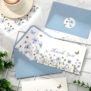 Whaline 24Pcs Blue Wildflower Thank You Cards with Envelopes and Stickers Dusty Blue Flower Greeting Cards Floral Blank Note Cards for Wedding Bridal Baby Shower