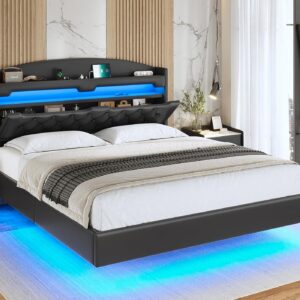 ADORNEVE Floating Bed Frame Queen with Hidden Storage Headboard, Floating LED Bed Frame with Charging Station, Upholstered Leather Platform Bed with Storage, No Box Spring Needed, Black