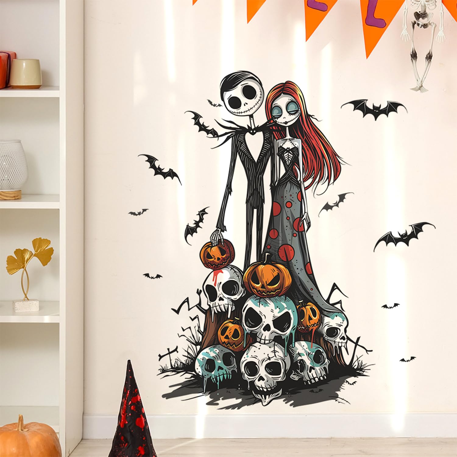 Generic Nightmare Before Christmas Wall Stickers Decals Horror Halloween Decoration Bat Pumpkin Skull Wall Clings for Halloween Party Home Office Classroom Wall DIY Wall Art Stickers Supplies, WW-173