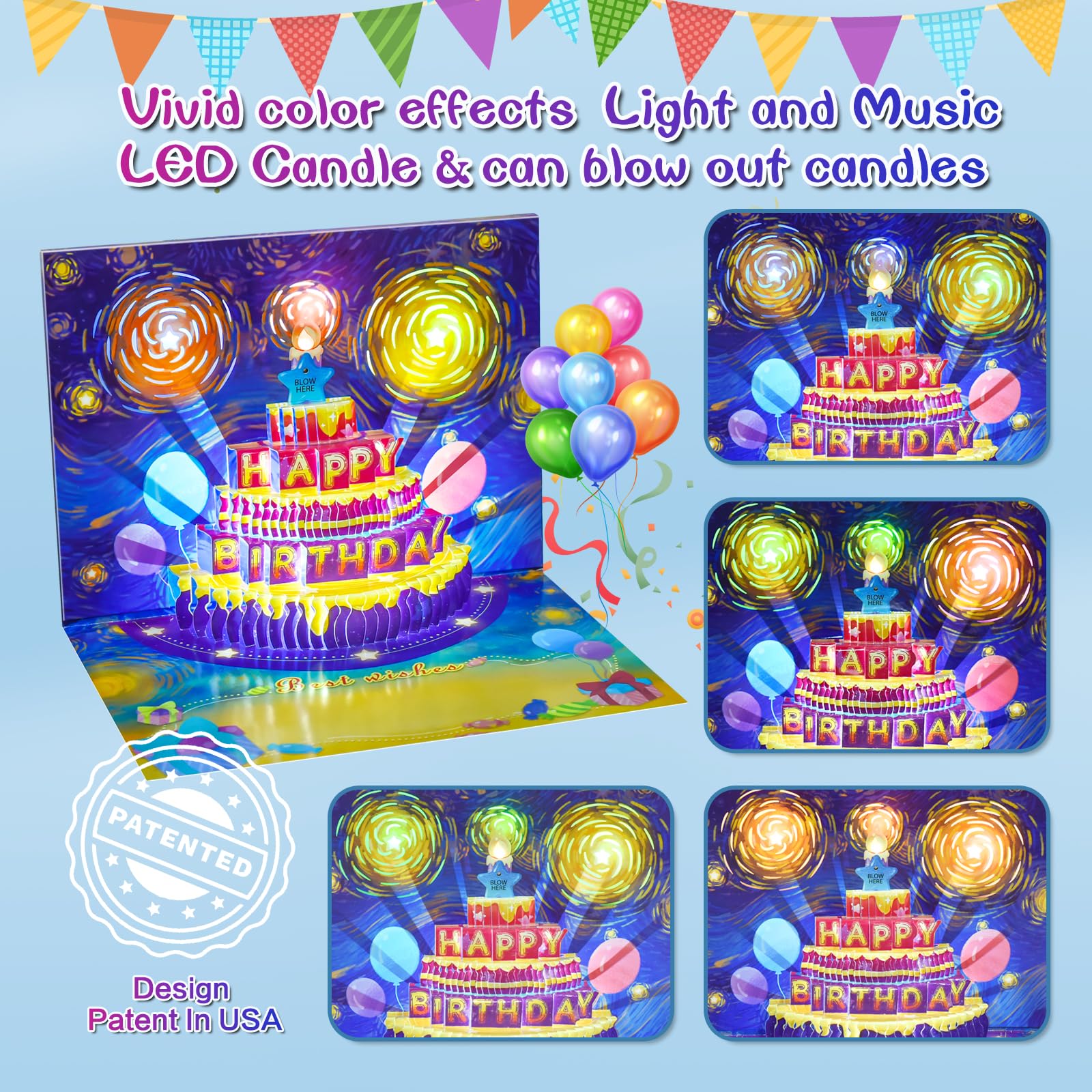 VUBOJO UPGRADED 3D Pop Up Firework birthday card, with Music and LED firework Birthday Cards with Blowable birthday candles. Birthday Gift for Mom,Dad, Women, Men, Wife, Grandma, Grandpa