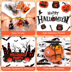 100 Pcs Halloween Treat Bags - Happy Halloween Goodie Bag, Plastic Halloween Pumpkin Cellophane Bags Bulk, Clear Gift Goody Candy Bags with Twist Ties for Halloween Party Supplies Favors Decorations