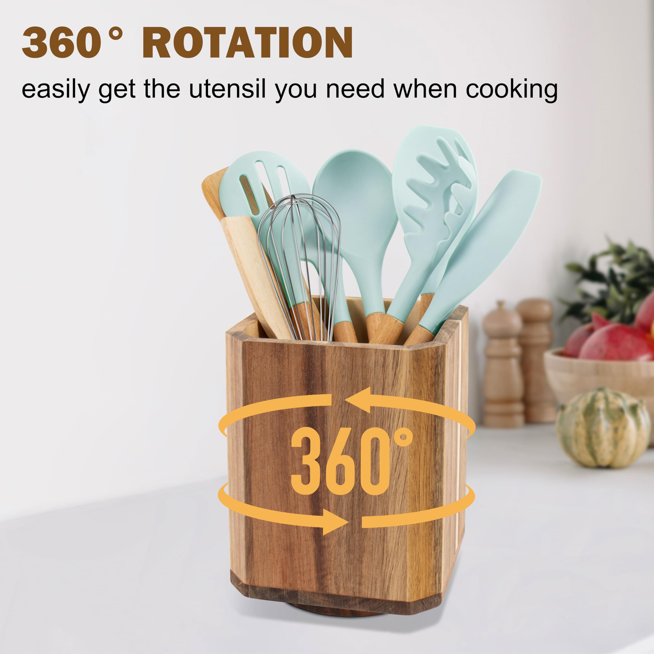 RedCall Acacia Wood Utensil Holder, 360° Rotating Large Cooking Utensil Organizer, Kitchen Tool Storage for Countertop,Spoon Spatula Holder for Kitchen Counter,Farmhouse Kitchen Decor