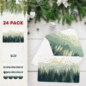 Artoid Mode 24 Pack Mountain Forest Thank You Cards Golden Polka Dot Greeting Cards Gift With Envelope Sticker Blank Note Cards for Birthday Wedding Baby Shower Bridal Shower, 4 x 6 Inch