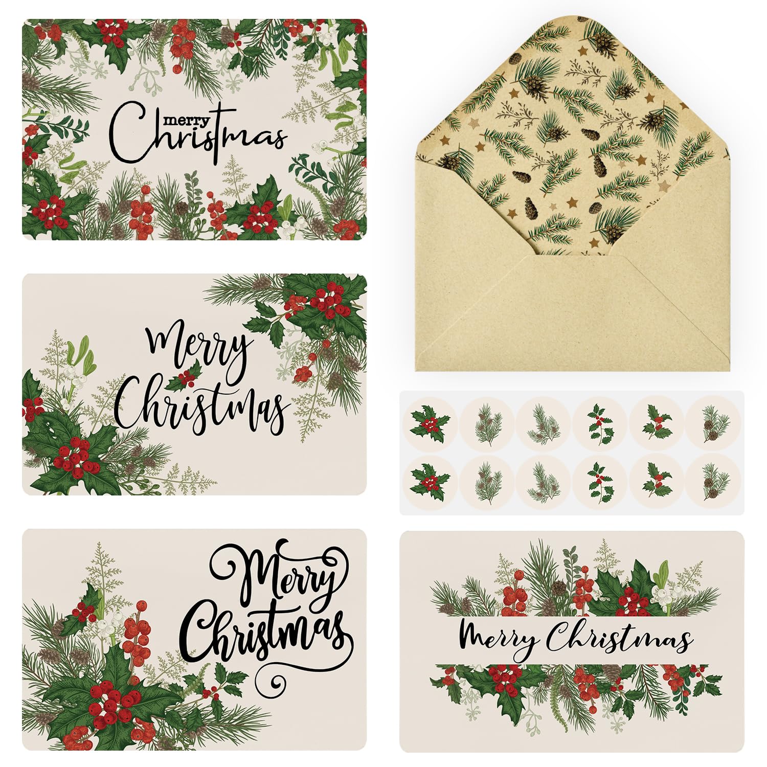 Artoid Mode 36 Pack Merry Christmas Thank You Cards Plant Holly Greeting Cards Gift With Envelope Sticker Blank Note Cards for Birthday Wedding Baby Shower Bridal Shower, 4 x 6 Inch