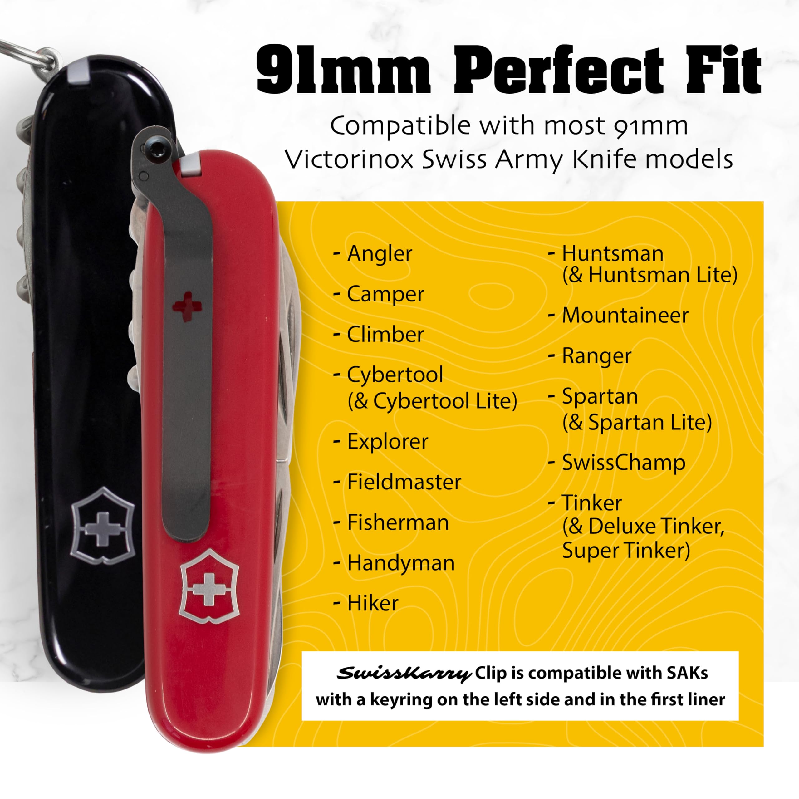 SwissKarry Clip Compatible with 91mm Victorinox Swiss Army Knife Models. 5 Custom Designs for a Personalised Pocket Knife. Be Ready for the Unexpected. Stainless Steel Tough. ‘Void Black’