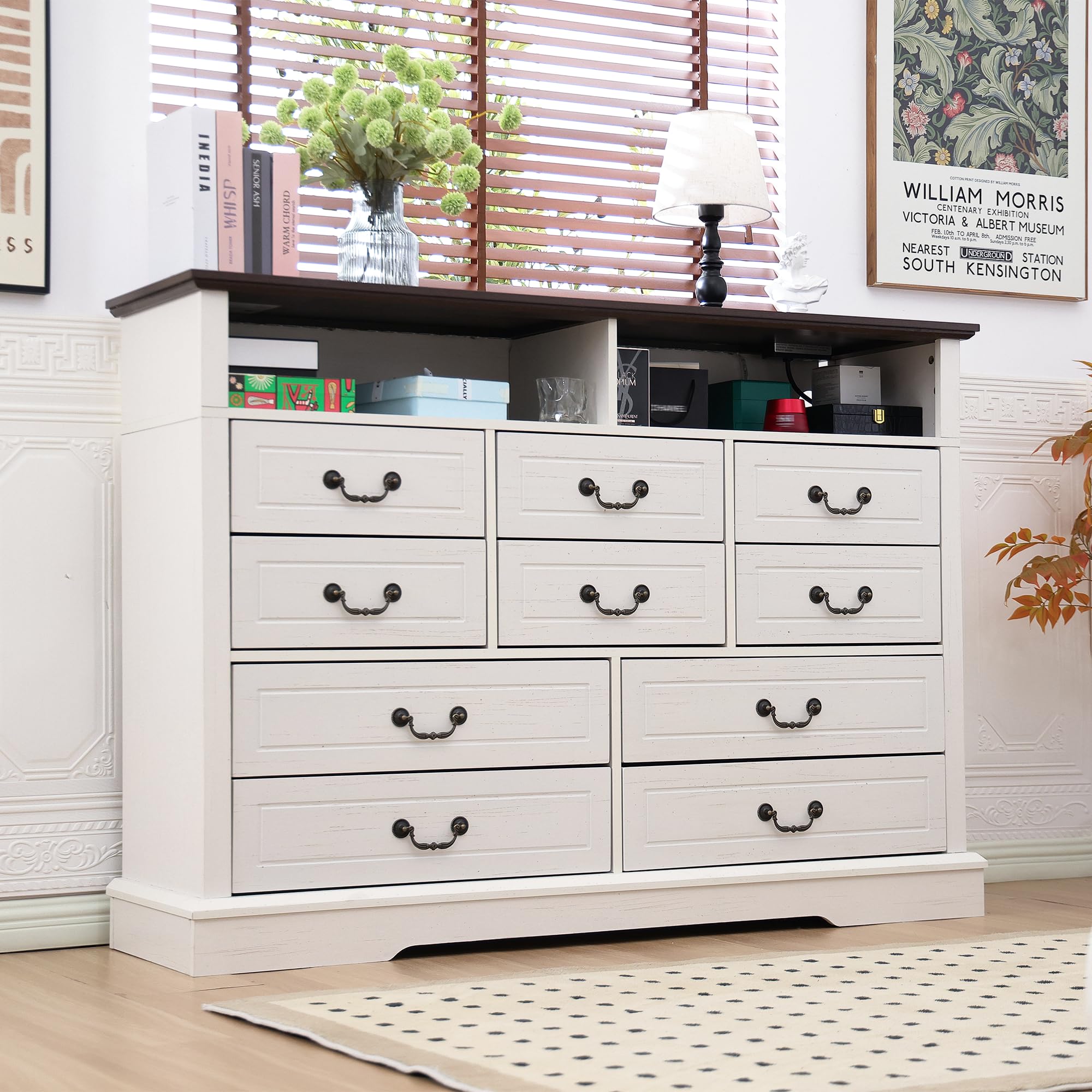 EnHomee 10 Drawers Dresser for Bedroom 55.2''Wide Wood Dresser White Dresser with LED & Power Outlet Large Dressers & Chests of Drawers for Closet,Hallway, 55.2" W x 39.4" H x15.8 D