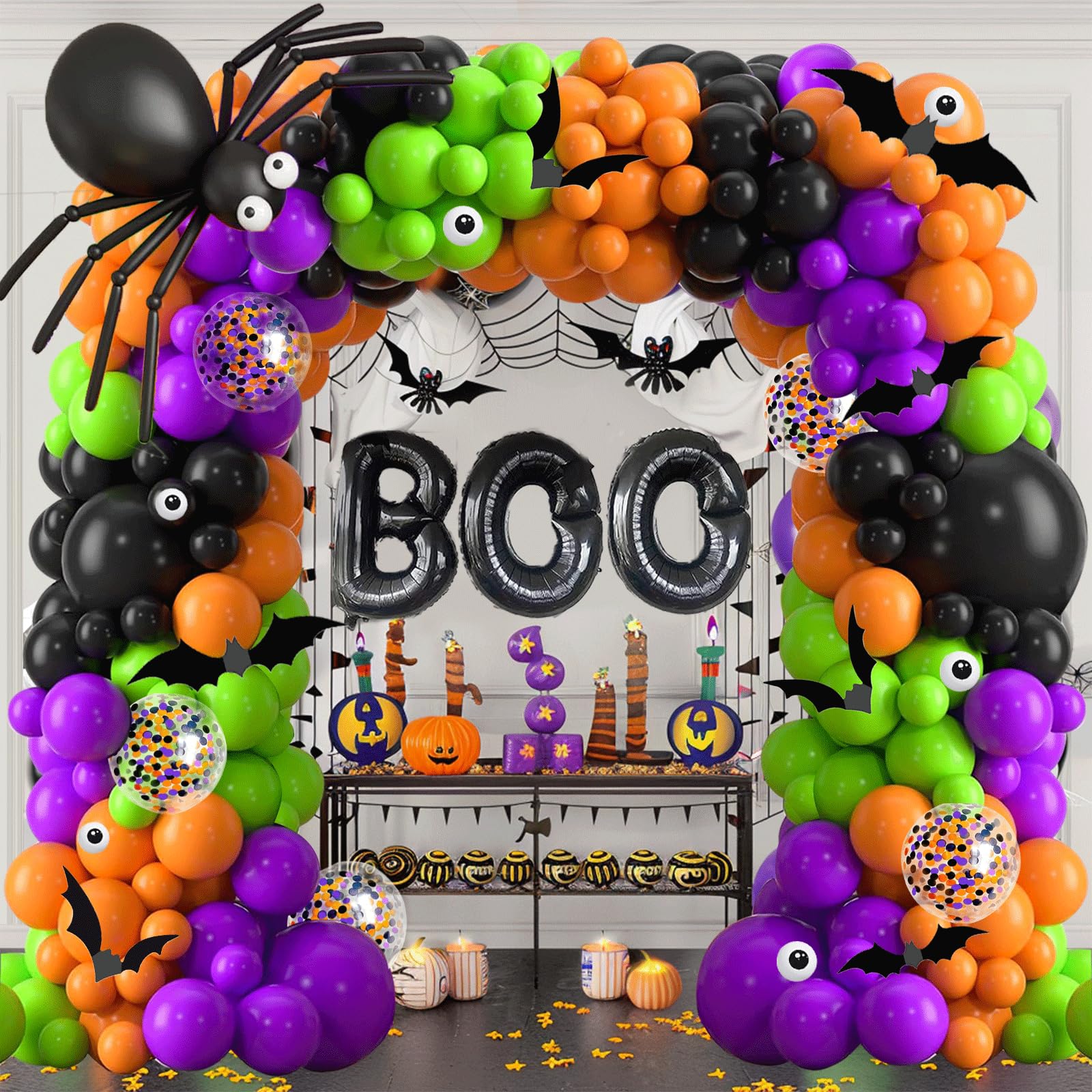 Halloween Balloons Garland Arch Kit, Black Orange Purple Green Confetti Latex Balloons for Kids Halloween Birthday Halloween Theme Party Decorations...