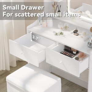 LIKIMIO Makeup Vanity Desk with Mirror and Lights, Vanity Table Set with Storage Drawer, Chair and Three Shelves, White