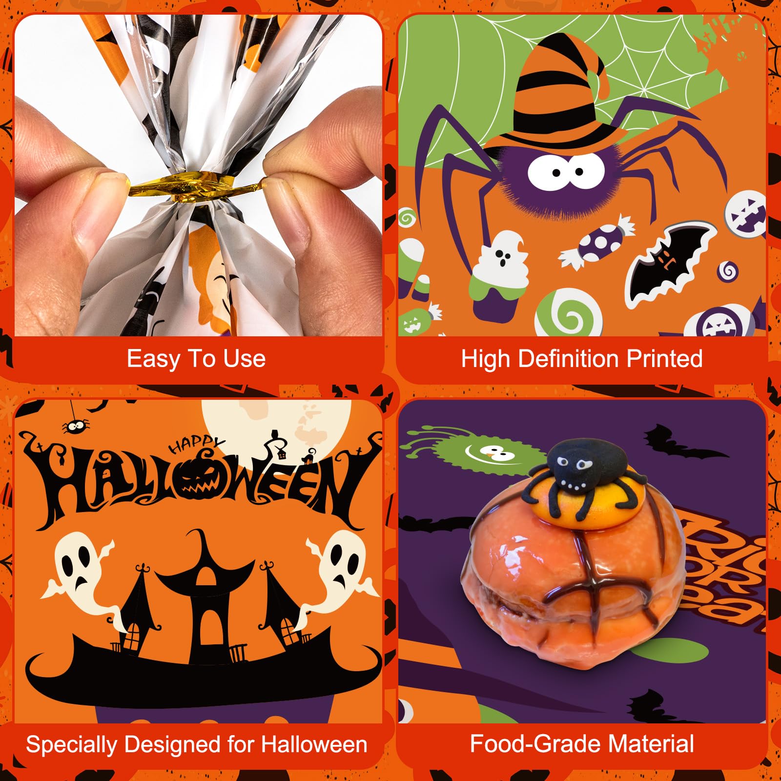 50 Pack Halloween Treat Bags - Plastic Halloween Goodie Bags, Happy Halloween Candy Bag, Trick or Treat Snack Gift Cellophane Bags with Twist Ties for Kids Halloween Party Birthday Supplies Favors