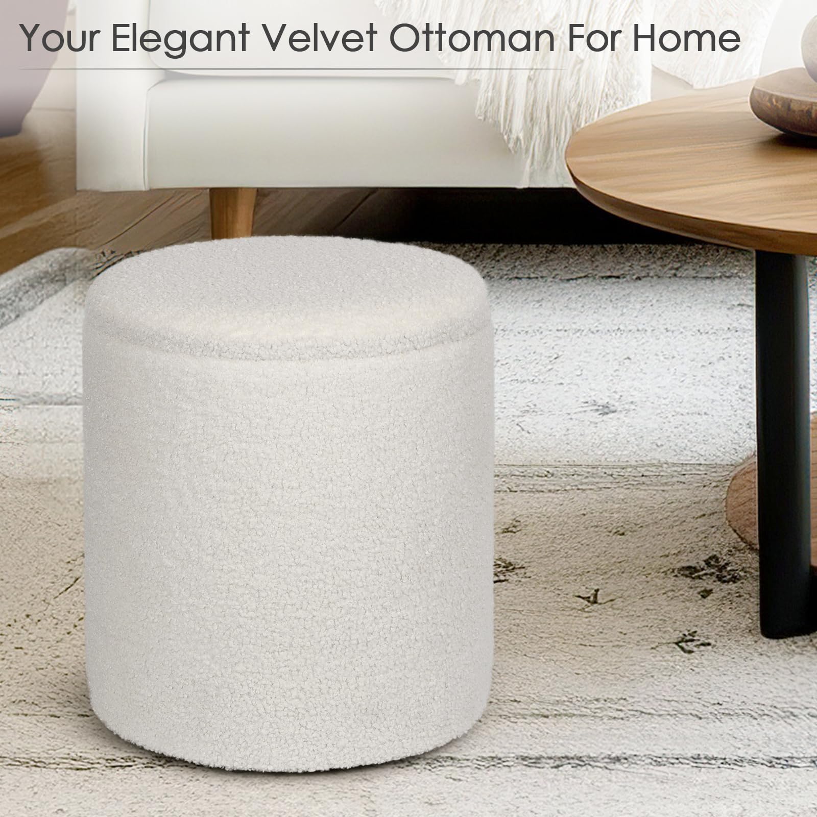 OGEMXU 2 Set Round Ottoman with Storage, Boucle Teddy Ottoman Vanity Stool, Storage Ottoman for Bedroom Living Room, Modern Multifunctional Foot Rest Stool for Bedroom, Living Room, Dorm (White)