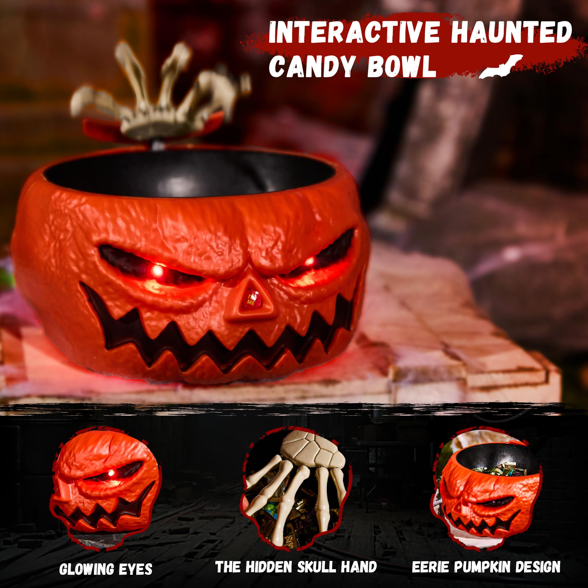 NEXIHOO Animatronic Halloween Candy Bowl - Pumpkin Bowl Halloween Decor Touch Activated with Creepy Sound,Moving Skeleton Hand, Light Up Animated Eyes, Scary Candy Dish for Halloween Party Decoration