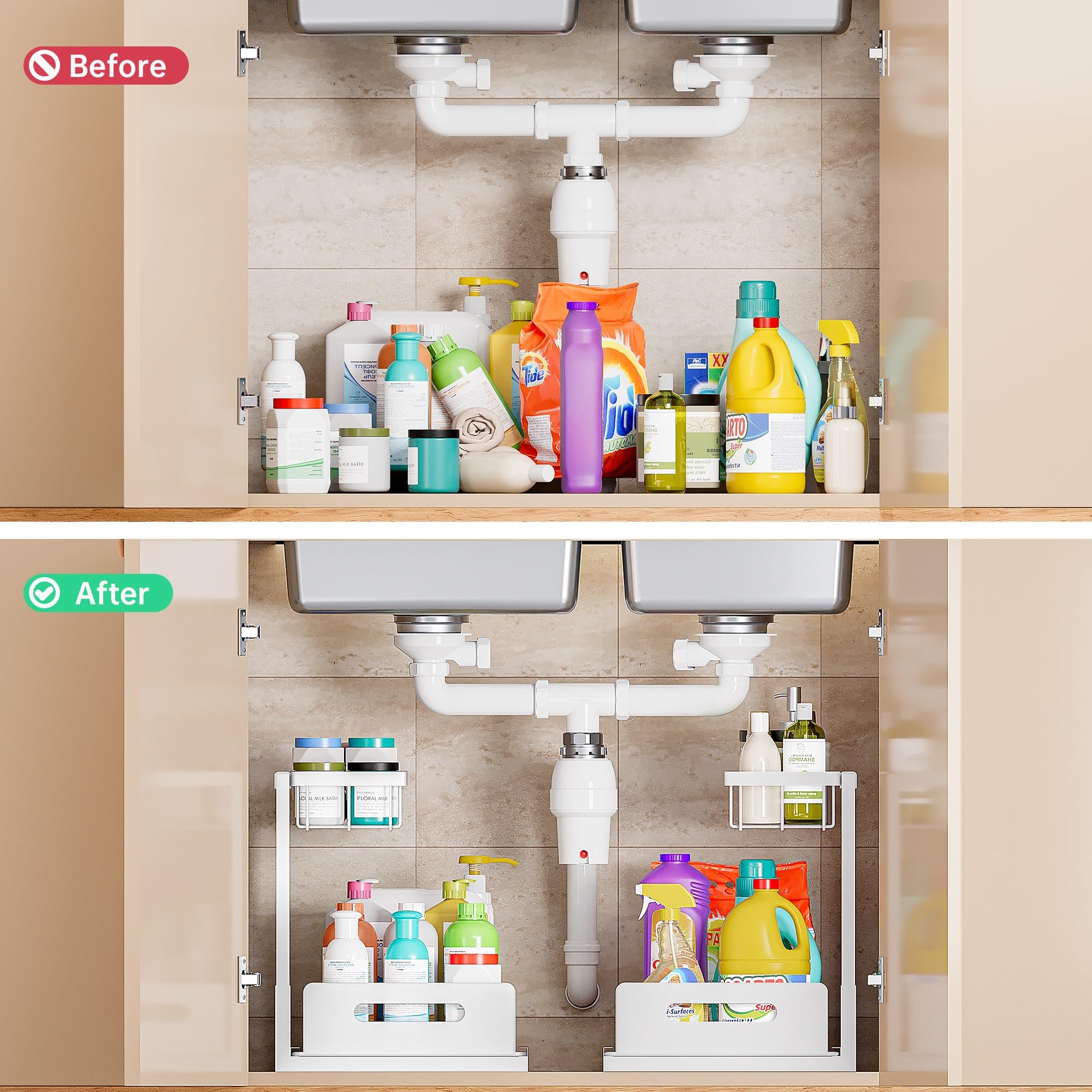 VUSIGN Under Sink Organizer and Storage, Slide Out Cabinet Organizer, Pull Out Sink Shelf for Kitchen Bathroom Laundry, White, 1 Pack