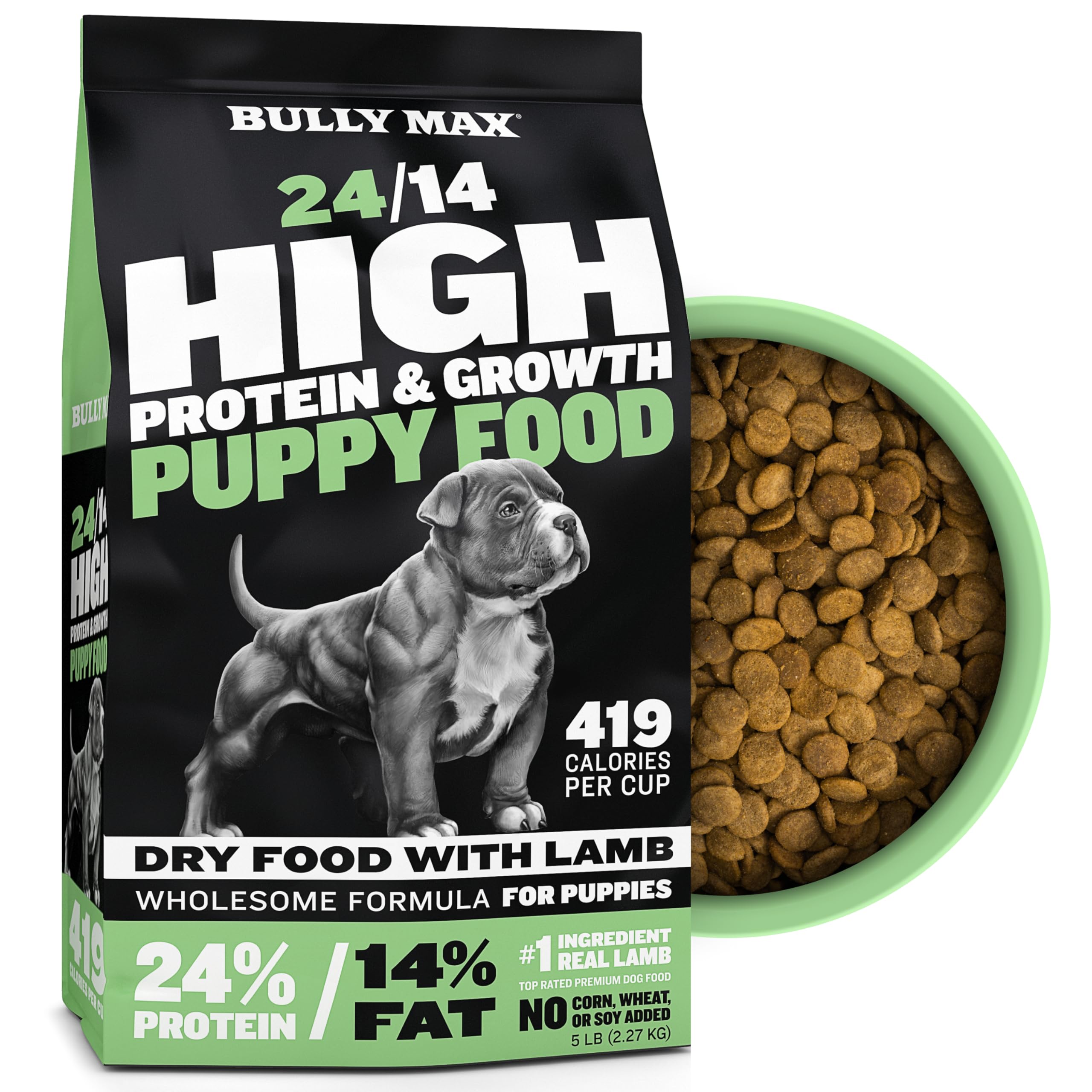 Bully Max 24/14 High Protein Puppy Food 5-Pound Bag & 2-in-1 Muscle Builder 60 Chewable Tabs Bundle - Fuels Growth & Supports Peak Performance for Small Dogs and Large Breed Dogs