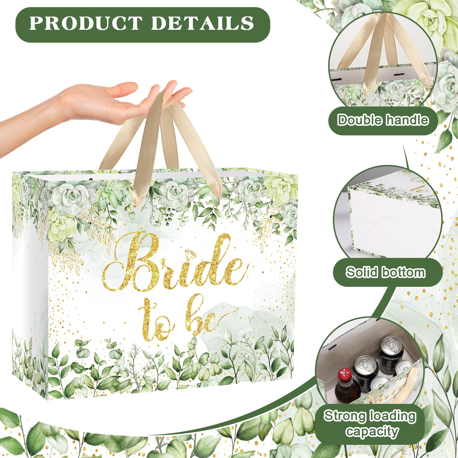 Bride Gift Bag Sage Green Bridal Shower Gift Bags with Cards Tissue Paper Large Bridal Gift Wrapping Bag Bachelorette Engagement Wedding Shower Gift Bag for Sage Green Christmas Bride to Be Party Decoration