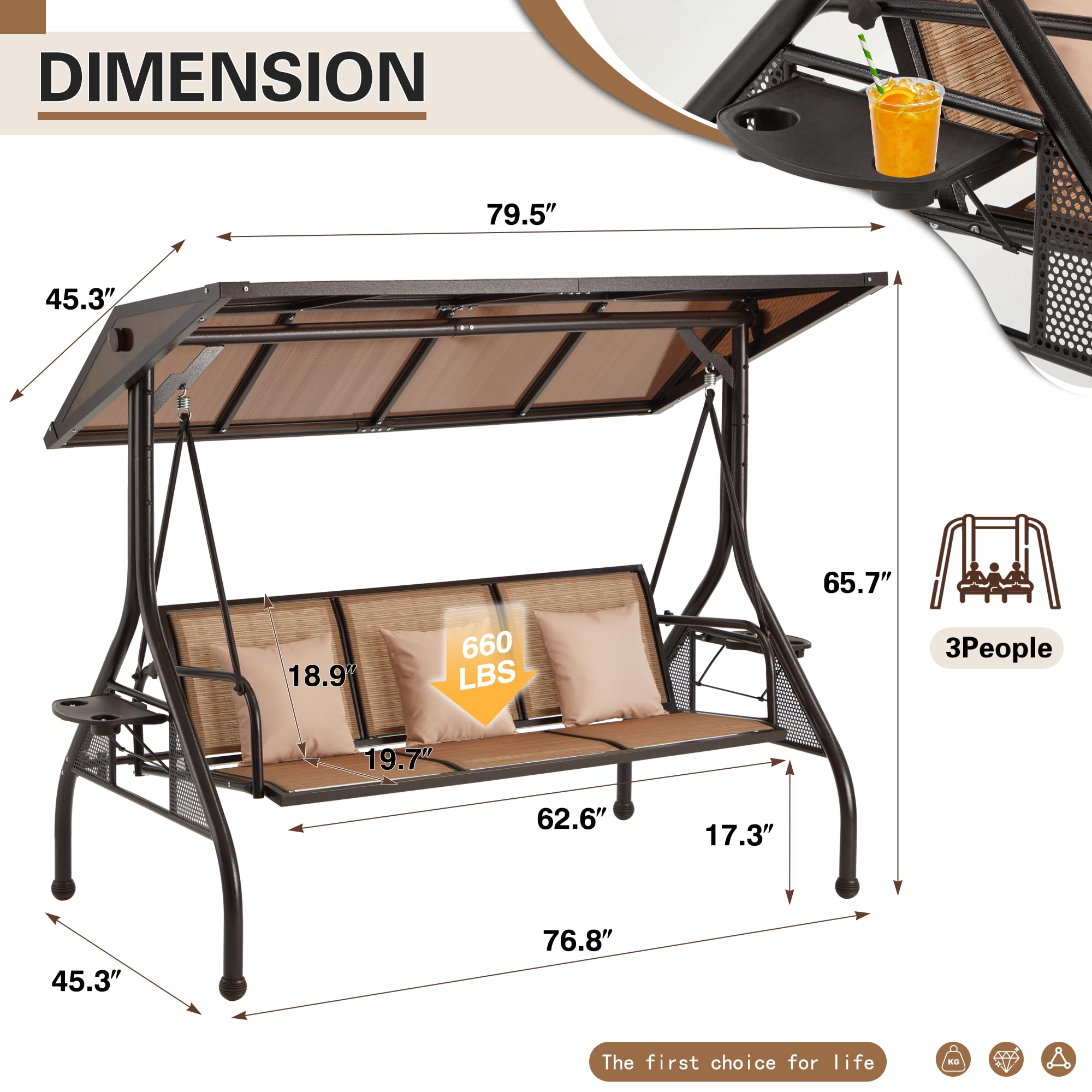 RYNSTO Outdoor Porch Swing with Adjustable Hardtop, Backrest, 3-Person Patio Canopy Swing Textilene Bed with Side Cup Holder, Pillow for Garden, Deck, Back Yard, Lawn (Brown)