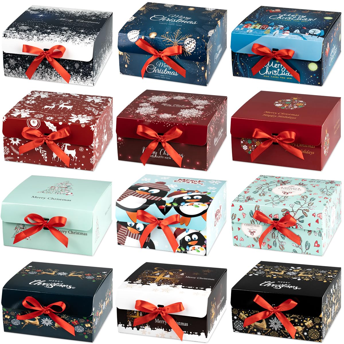 ARTLYMERS Christmas Gift Boxes with Lids, 12 Pack Gift Boxes and Red Ribbon Christmas Themed Pattern Small Gift Boxes for Christmas Presents Gifts Easy Assemble