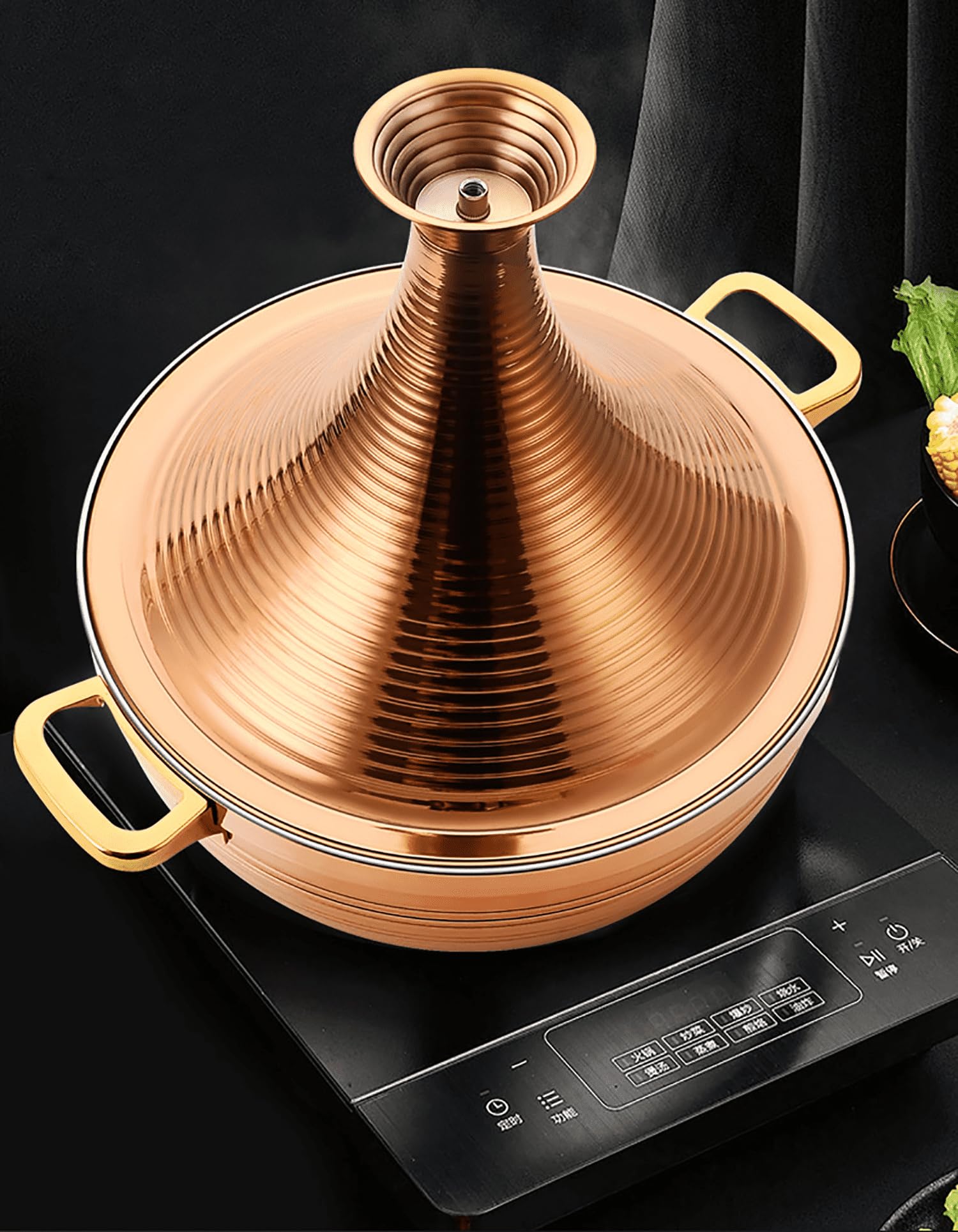 BINGWANG 304 Stainless Steel Moroccan Tagine Pot,Non Stick Tagine Stainless Steel Tower Stew Dry Pot Non-stick Slow Cooker Seafood High Lid Pan Electromagnetic Cooker Moroccan Tajine Casserole,Gold,20