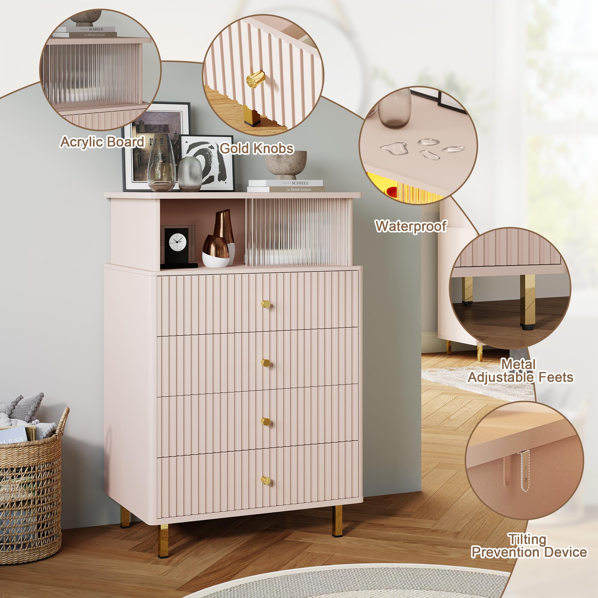 ChooChoo Dresser for Bedroom with Large Capacity, 4 Drawer Dresser with LED and Acrylic, Modern White and Gold Dresser Tall, Chest of Drawers with Storage Space for Hallway, Entryway (Pink)