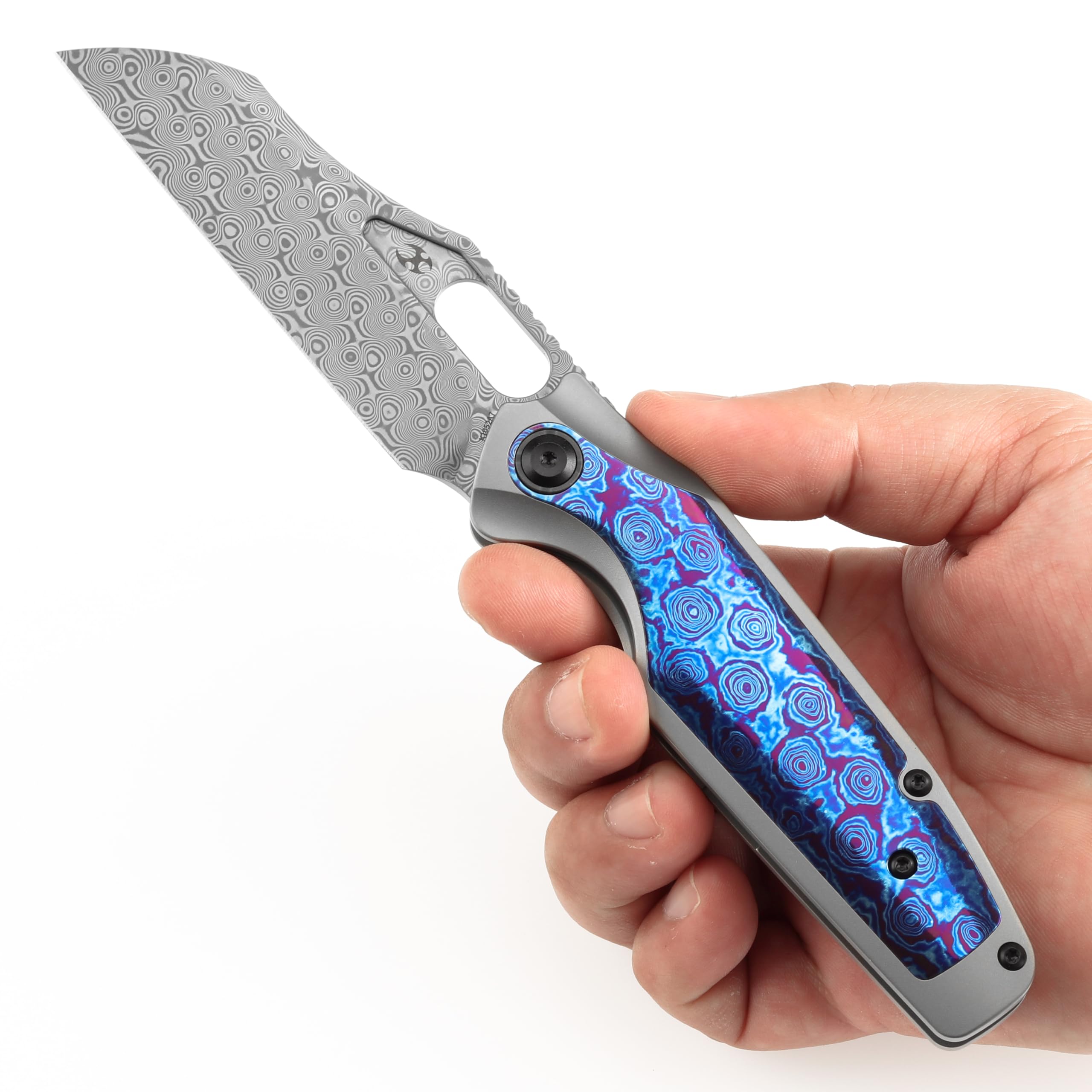 KANSEPT Tuckamore Camping Pocket Knives for Men 8.12in Folding Pocket Knives with 3.54in Damascus Material and Titanium Timascus Timascus Clip Handle for Outdoor, Tactical, Survival K1052A7