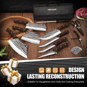 MDHAND 14PCS Professional Butcher Knife Set with Bag, Hand Forged High Carbon Steel Meat Cleaver Knife Set, Serbian Chef Knife Viking Boning with Sheaths for Kitchen Outdoor BBQ Camping